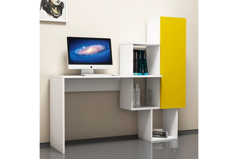 Hovdane Skrivebord 145 cm med Oppbevaringshyller + Skap - Hvit/Gul - Møbler - Bord - Kontorbord - Skrivebord