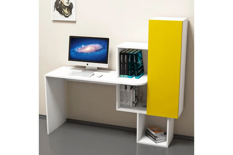 Hovdane Skrivebord 145 cm med Oppbevaringshyller + Skap, Hvit/Gul