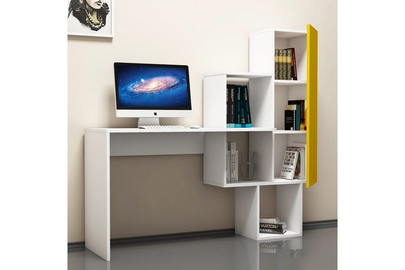 Hovdane Skrivebord 145 cm med Oppbevaringshyller + Skap - Hvit/Gul - Møbler - Bord - Kontorbord - Skrivebord