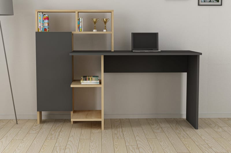 Irbene Skrivebord 135 cm med Oppbevaring Hyller + Skap - Antrasitt/Natur - Møbler - Bord - Kontorbord - Skrivebord