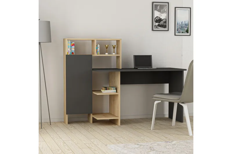 Irbene Skrivebord 135 cm med Oppbevaring Hyller + Skap - Antrasitt/Natur - Møbler - Bord - Kontorbord - Skrivebord