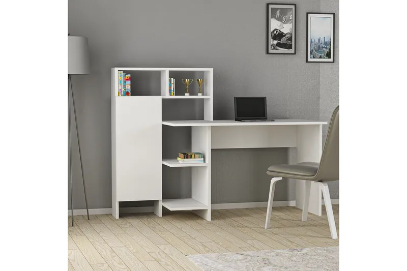 Irbene Skrivebord 135 cm med Oppbevaring Hyller + Skap - Hvit - Møbler - Bord - Kontorbord - Skrivebord