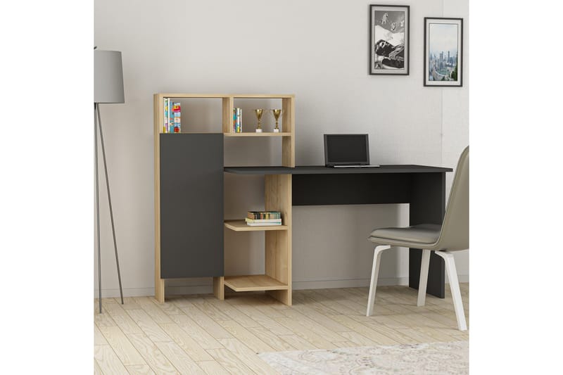 Irbene Skrivebord 135 cm med Oppbevaring Hyller + Skap - Natur/Antracit - Møbler - Bord - Kontorbord - Skrivebord
