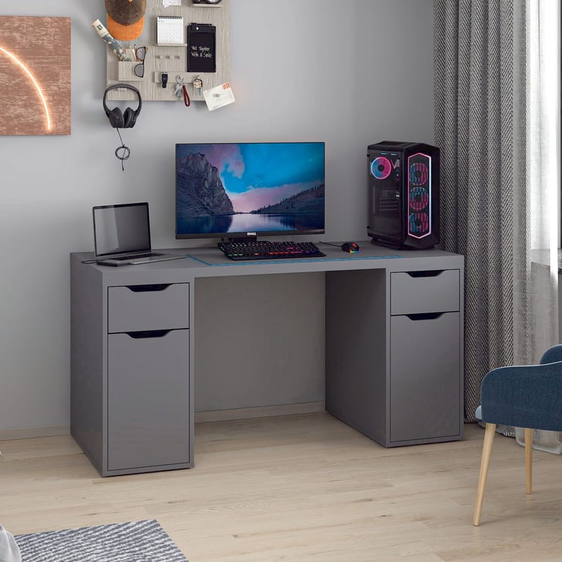 Skrivebord Kalune Design Alen 150 cm (150 x 75 x 60 cm) Antrasitt 2 skuffer 2 skap - Antrasitt - Møbler - Bord - Kontorbord - Skrivebord