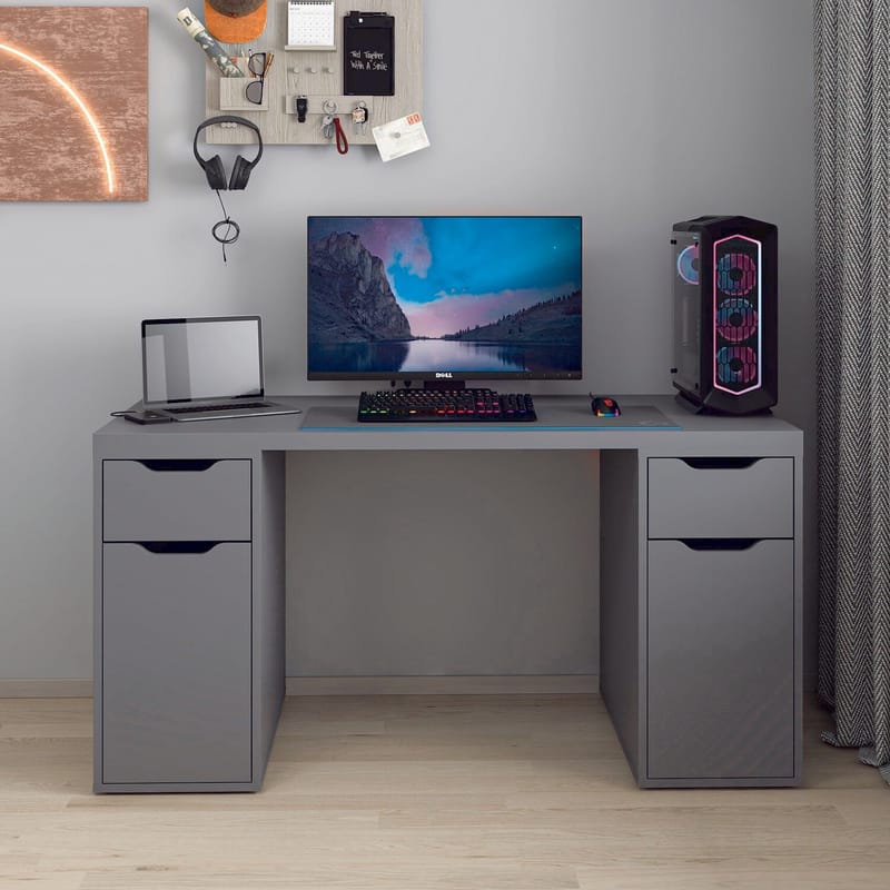 Skrivebord Kalune Design Alen 150 cm (150 x 75 x 60 cm) Antrasitt 2 skuffer 2 skap - Antrasitt - Møbler - Bord - Kontorbord - Skrivebord