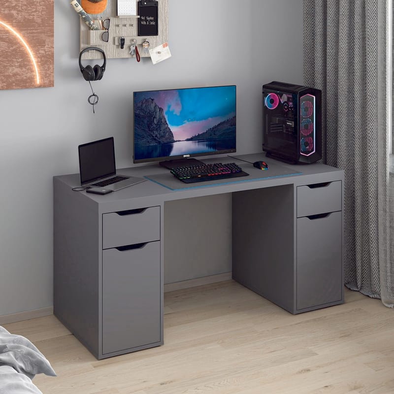 Skrivebord Kalune Design Alen 150 cm (150 x 75 x 60 cm) Antrasitt 2 skuffer 2 skap - Antrasitt - Møbler - Bord - Kontorbord - Skrivebord