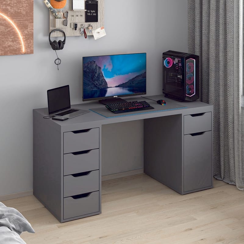Skrivebord Kalune Design Alen 150 cm (150 x 75 x 60 cm) Antrasitt 5 skuffer - Antrasitt - Møbler - Bord - Kontorbord - Skrivebord