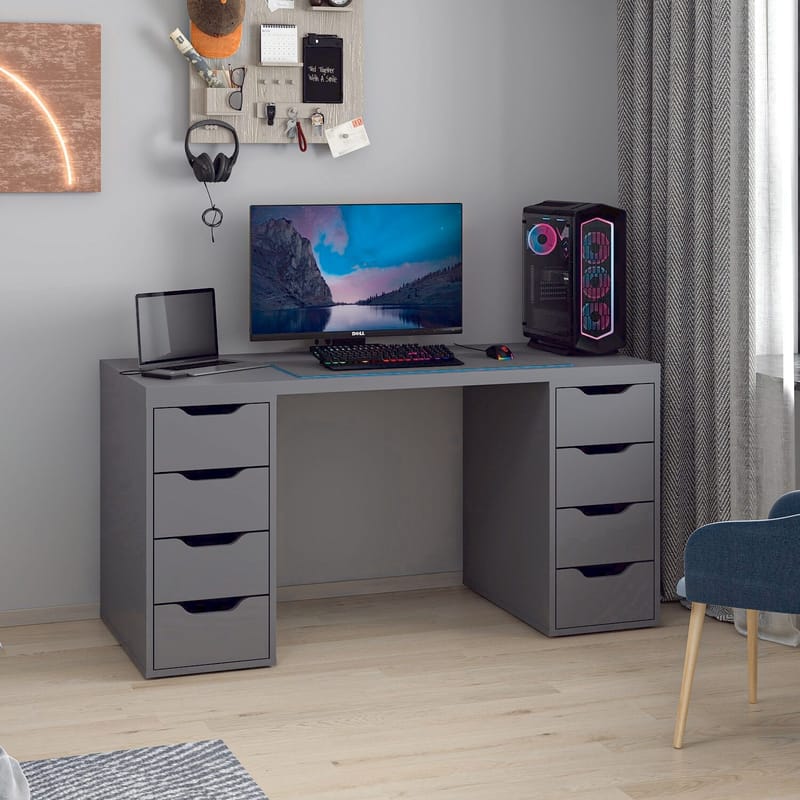 Skrivebord Kalune Design Alen 150 cm (150 x 75 x 60 cm) Antrasitt 8 skuffer - Antrasitt - Møbler - Bord - Kontorbord - Skrivebord