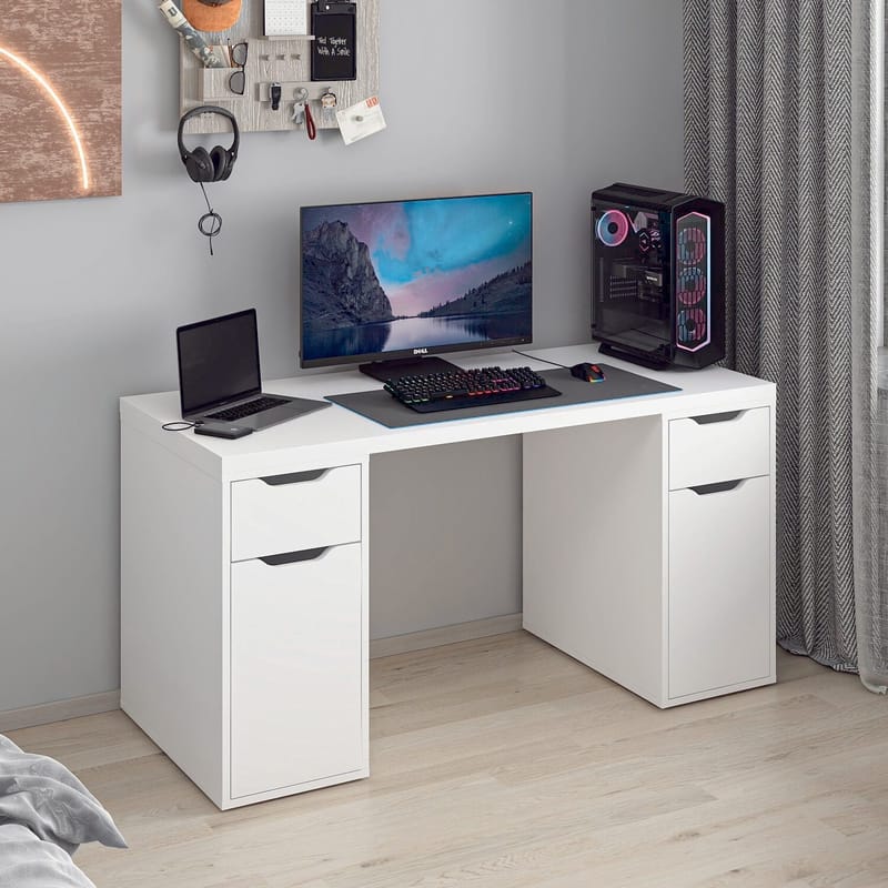 Skrivebord Kalune Design Alen 150 cm (150 x 75 x 60 cm) Hvit 2 skuffer 2 skap - Hvit - Møbler - Bord - Kontorbord - Skrivebord