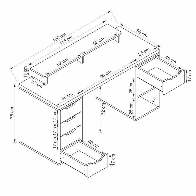 Skrivebord Kalune Design Alen 150 cm (150 x 75 x 60 cm) Hvit 5 skuffer - Hvit - Møbler - Bord - Kontorbord - Skrivebord