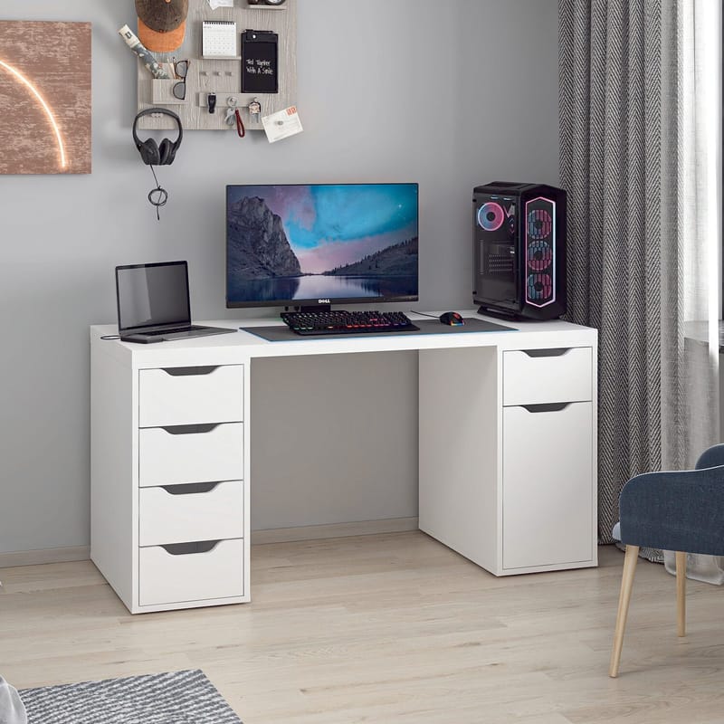 Skrivebord Kalune Design Alen 150 cm (150 x 75 x 60 cm) Hvit 5 skuffer - Hvit - Møbler - Bord - Kontorbord - Skrivebord