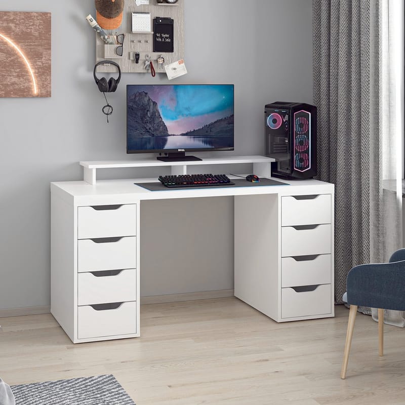 Skrivebord Kalune Design Alen 150 cm (150 x 75 x 60 cm) Hvit 8 skuffer - Hvit - Møbler - Bord - Kontorbord - Skrivebord