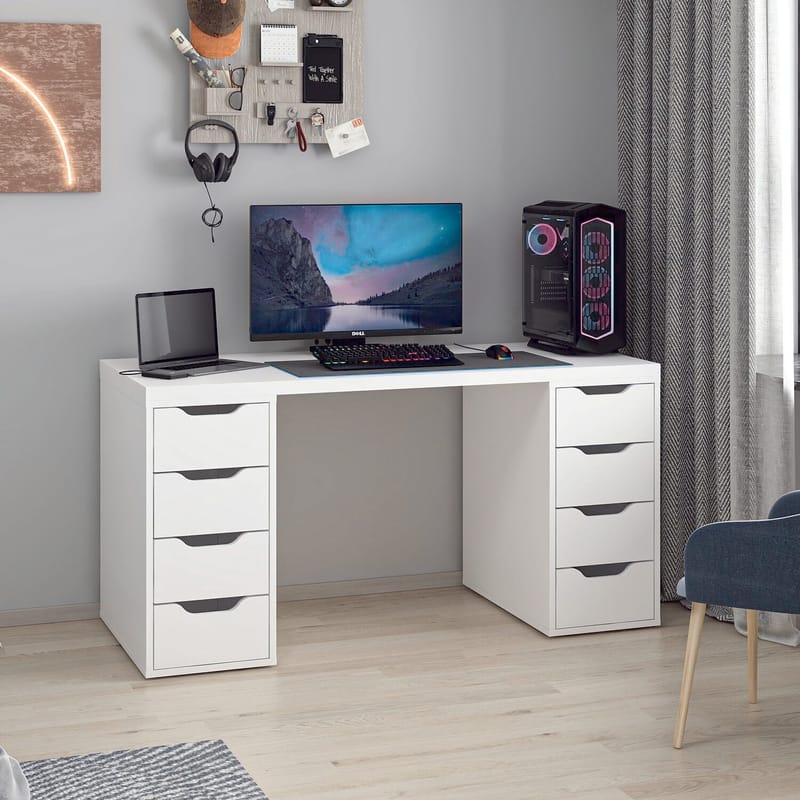 Skrivebord Kalune Design Alen 150 cm (150 x 75 x 60 cm) Hvit 8 skuffer - Hvit - Møbler - Bord - Kontorbord - Skrivebord