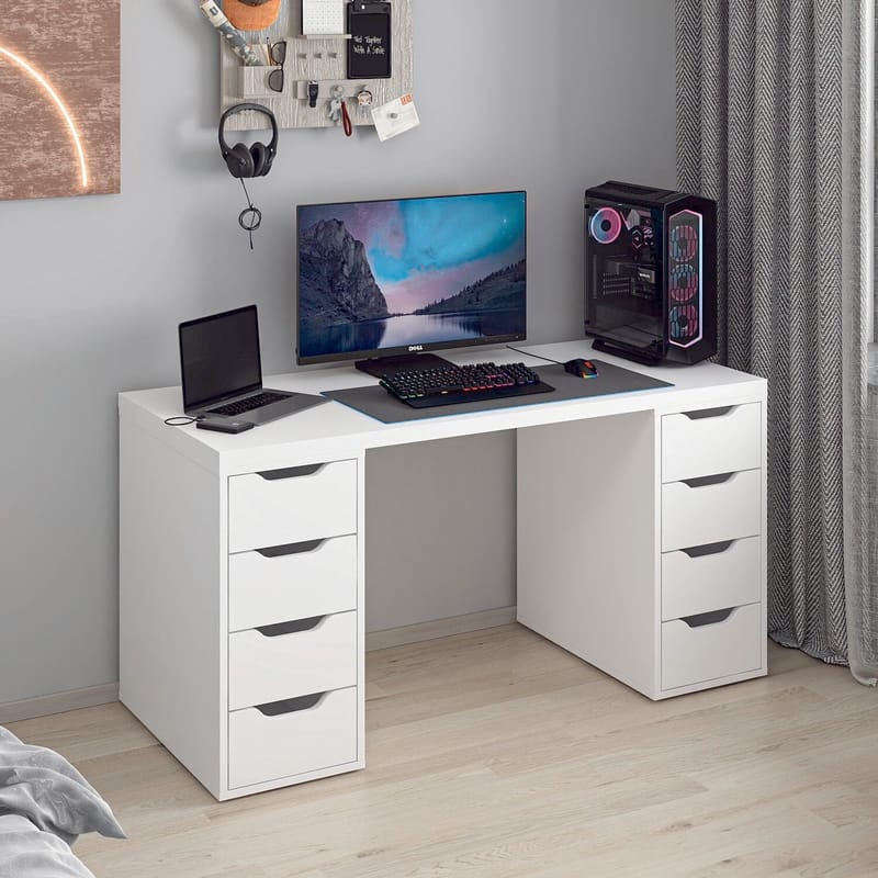 Skrivebord Kalune Design Alen 150 cm (150 x 75 x 60 cm) Hvit 8 skuffer - Hvit - Møbler - Bord - Kontorbord - Skrivebord