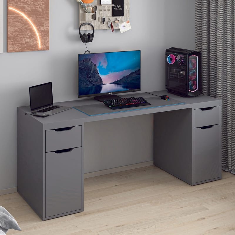 Skrivebord Kalune Design Alen 180 cm (180 x 75 x 60 cm) Antrasitt 2 skuffer 2 skap - Antrasitt - Møbler - Bord - Kontorbord - Skrivebord