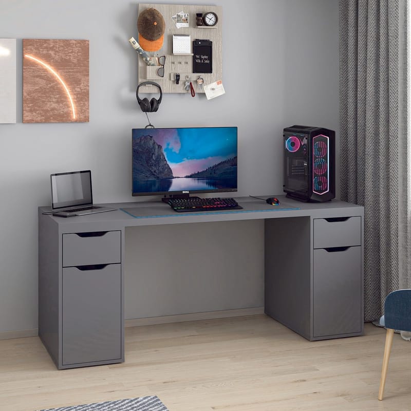 Skrivebord Kalune Design Alen 180 cm (180 x 75 x 60 cm) Antrasitt 2 skuffer 2 skap - Antrasitt - Møbler - Bord - Kontorbord - Skrivebord