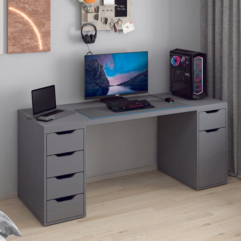 Skrivebord Kalune Design Alen 180 cm (180 x 75 x 60 cm) Antrasitt 5 skap - Antrasitt - Møbler - Bord - Kontorbord - Skrivebord