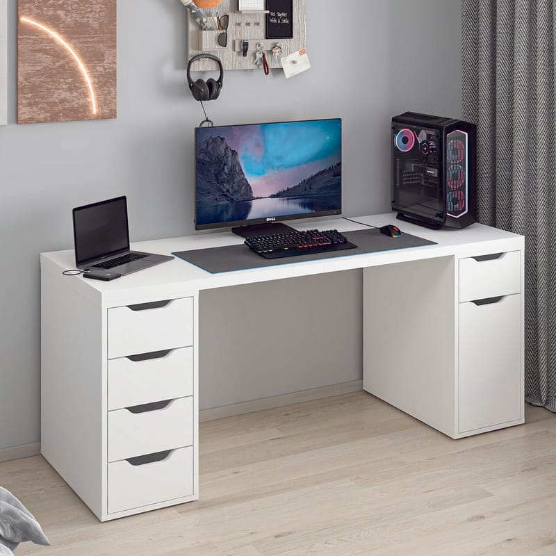 Skrivebord Kalune Design Alen 180 cm (180 x 75 x 60 cm) Hvit 5 skap - Hvit - Møbler - Bord - Kontorbord - Skrivebord