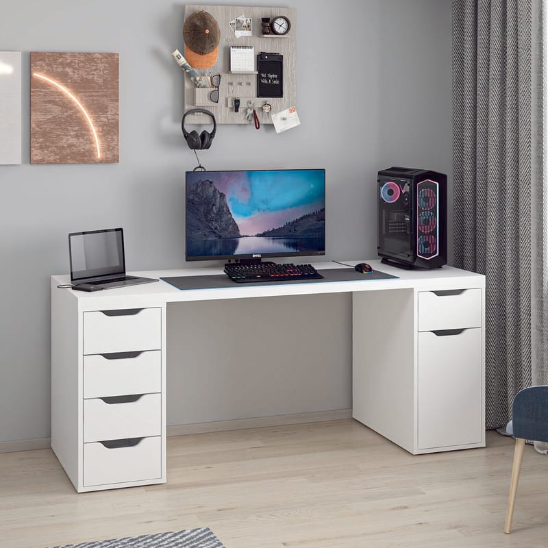 Skrivebord Kalune Design Alen 180 cm (180 x 75 x 60 cm) Hvit 5 skap - Hvit - Møbler - Bord - Kontorbord - Skrivebord