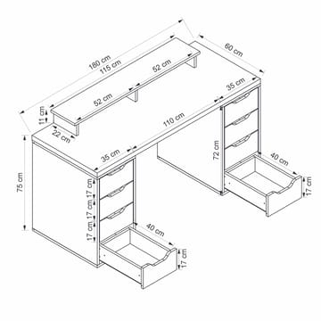 Skrivebord Kalune Design Alen 180 cm (180 x 75 x 60 cm) Hvit 8 skuffer - Hvit - Møbler - Bord - Kontorbord - Skrivebord