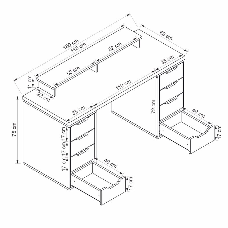 Skrivebord Kalune Design Alen 180 cm (180 x 75 x 60 cm) Hvit 8 skuffer - Hvit - Møbler - Bord - Kontorbord - Skrivebord