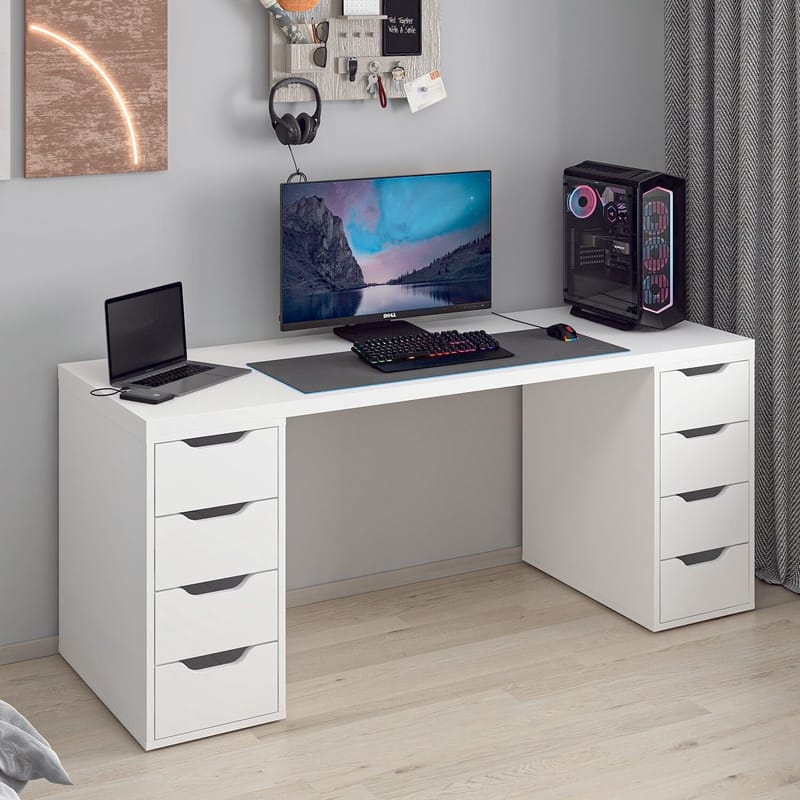 Skrivebord Kalune Design Alen 180 cm (180 x 75 x 60 cm) Hvit 8 skuffer - Hvit - Møbler - Bord - Kontorbord - Skrivebord
