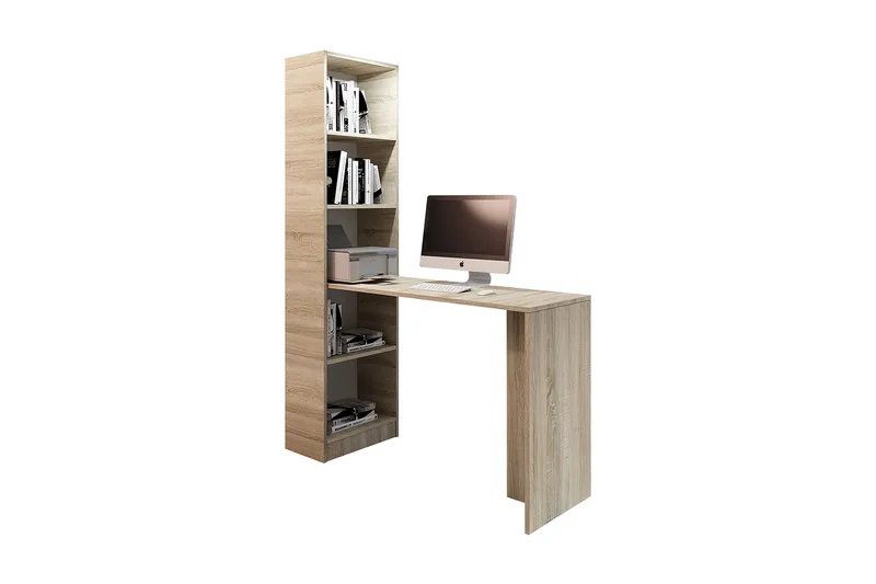 Kylien Skrivebord 125 cm LED-belysning med Bokhylle Hvit LED, Eikefarge