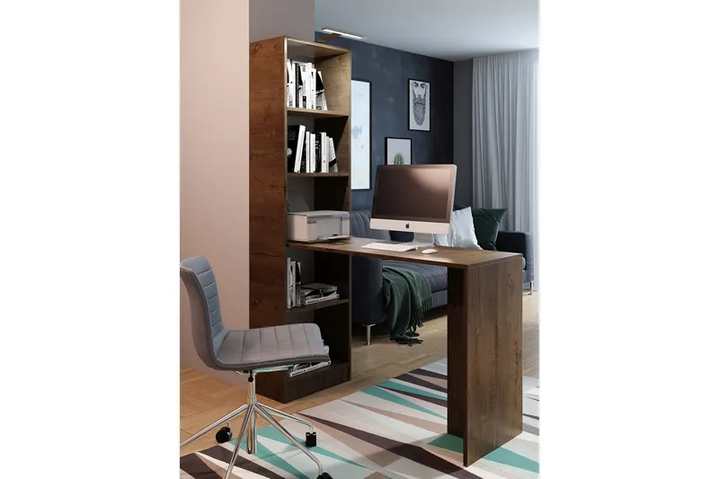 Kylien Skrivebord 125 cm LED-belysning med Bokhylle Hvit LED - Mørk Aske - Møbler - Bord - Kontorbord - Skrivebord