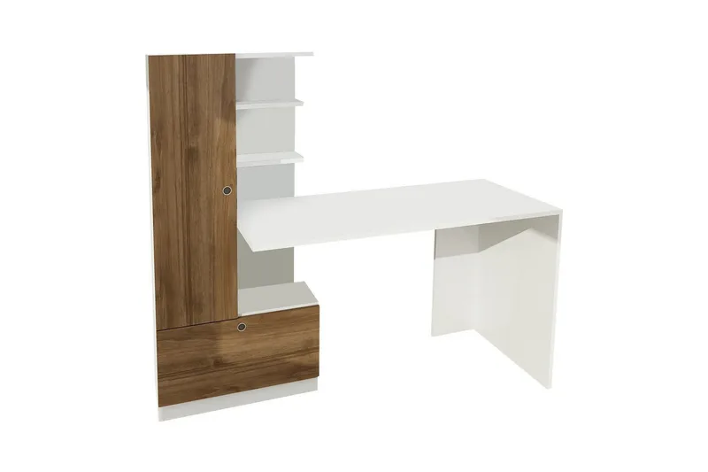 Merinoz Skrivebord 120 cm med Oppbevaring Hyller + Skuff + S, Hvit/Valnøttsbrun