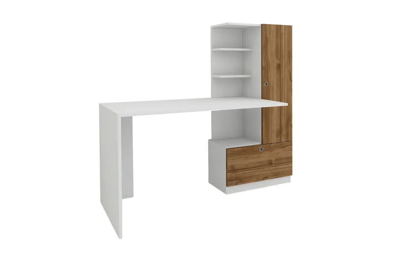 Merinoz Skrivebord 150 cm med Oppbevaring Hyller + Skuff + S, Hvit/Valnøttsbrun