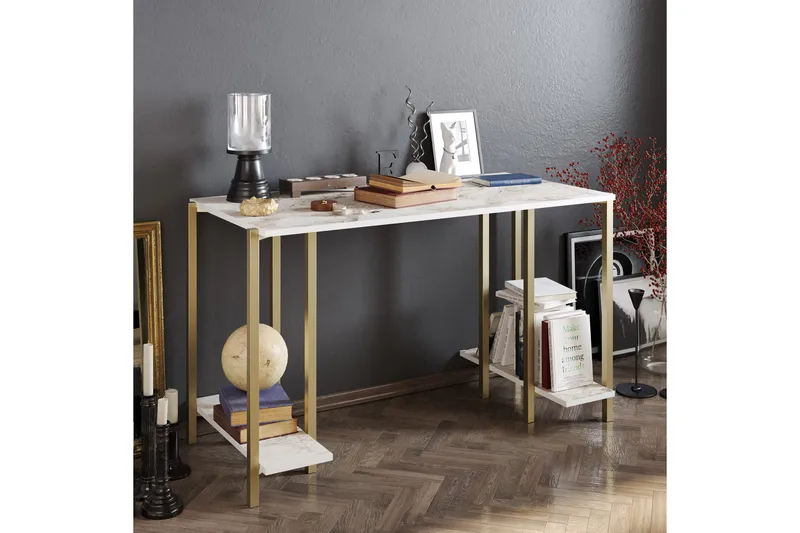 Pinnarp Skrivebord 125 cm med Oppbevaring 2 Hyller Marmormøn - Grå - Møbler - Bord - Kontorbord - Skrivebord