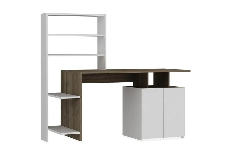 Raymer Skrivebord 146 cm med Oppbevaring Hyller + Skap, Valnøttsbrun/Hvit