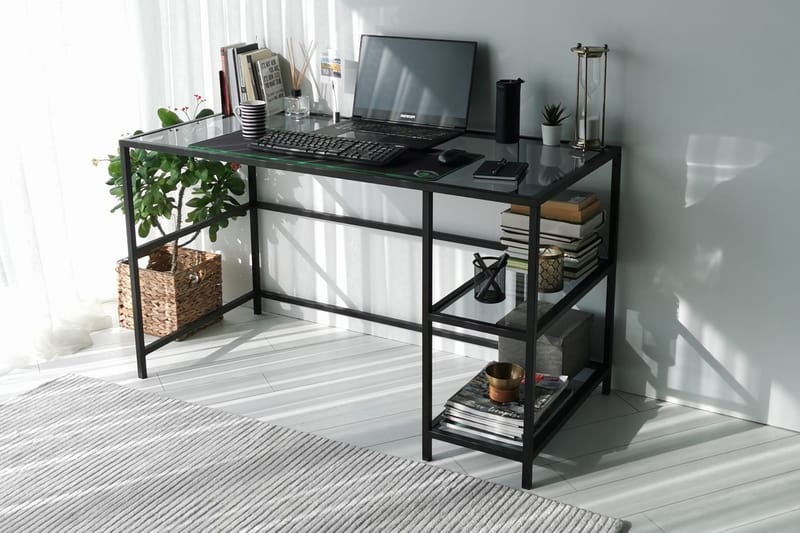 Sabani Skrivebord 130 cm med Oppbevaring 2 Hyller - Glass/Røykfarget/Svart - Møbler - Bord - Kontorbord - Skrivebord