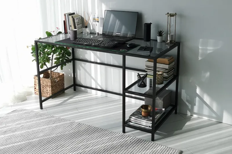 Sabani Skrivebord 130 cm med Oppbevaring 2 Hyller - Glass/Røykfarget/Svart - Møbler - Bord - Kontorbord - Skrivebord