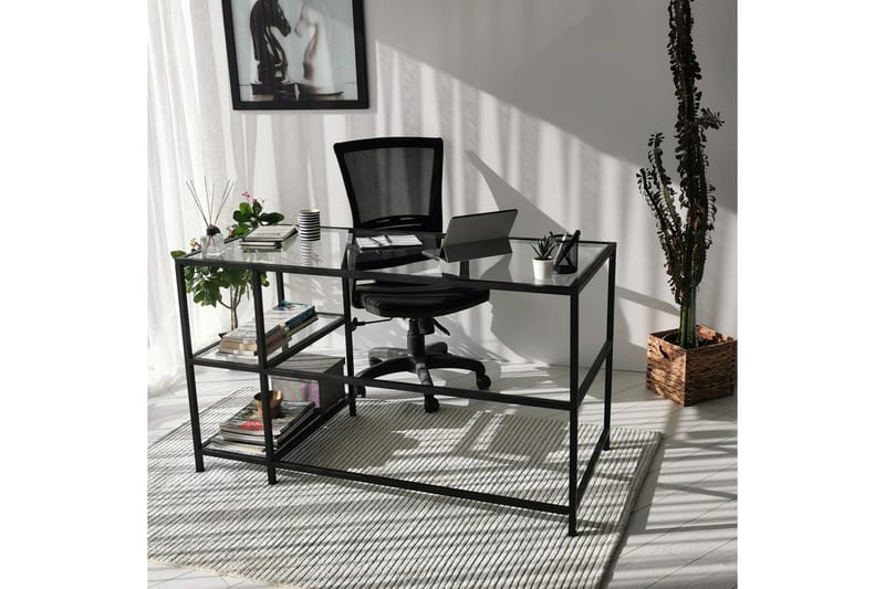 Sabani Skrivebord 130 cm med Oppbevaring 2 Hyller - Glass/Svart - Møbler - Bord - Kontorbord - Skrivebord