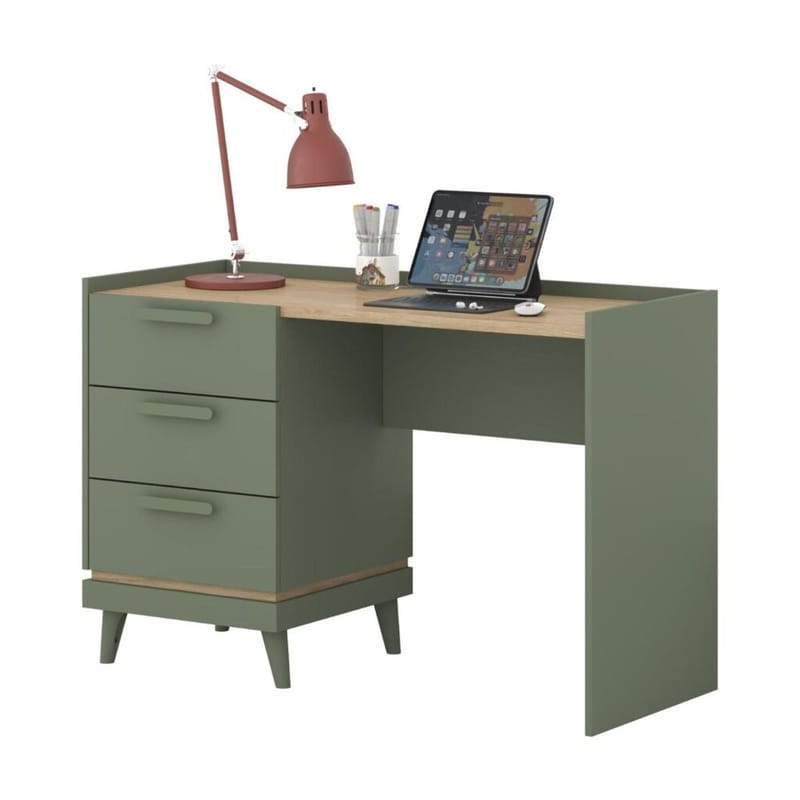 Skrivebord Scandi med 3 skuffer - Falmet grønn - Oljet eik - Møbler - Bord - Kontorbord - Skrivebord
