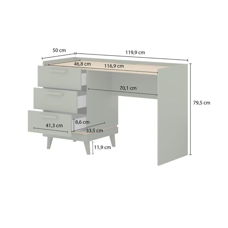 Skrivebord Scandi med 3 skuffer - Falmet grønn - Oljet eik - Møbler - Bord - Kontorbord - Skrivebord