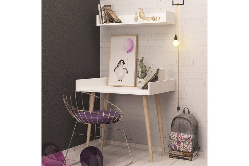 Skaberg Skrivebord 90 cm med Oppbevaring Vegghylle - Hvit/Natur - Møbler - Bord - Kontorbord - Skrivebord