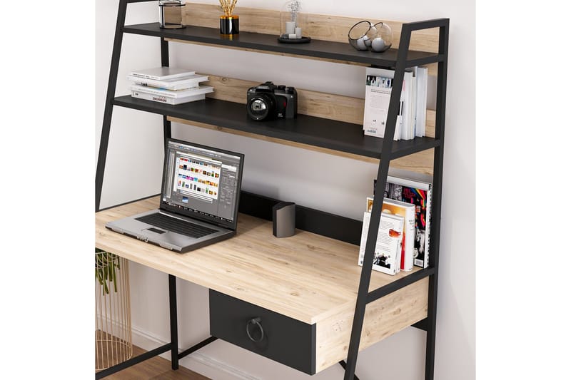 Skrivebord Aizpute 125 cm med Oppbevaring Skuff + Hyller - Natur/Svart - Skrivebord - Databord & PC bord
