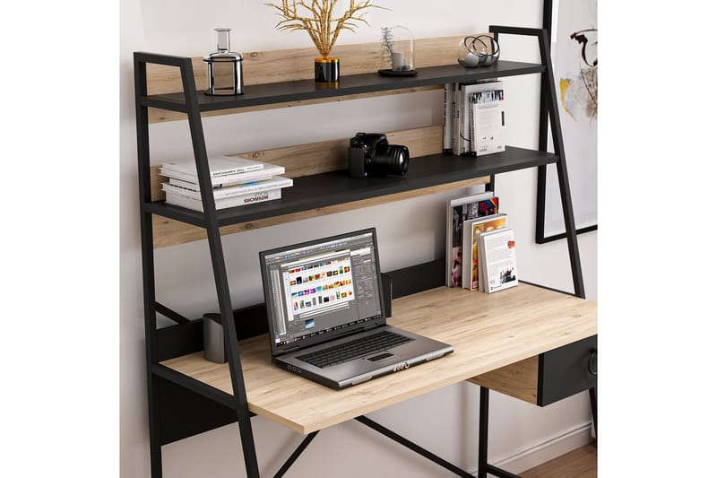 Skrivebord Aizpute 125 cm med Oppbevaring Skuff + Hyller - Natur/Svart - Skrivebord - Databord & PC bord