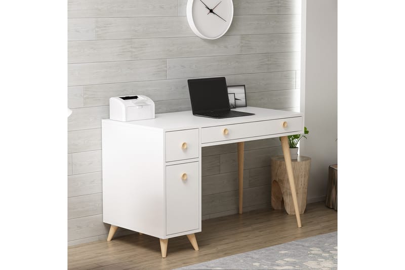 Skrivebord Alsunga 120 cm med Oppbevaring Skuffer + Skap - Hvit/Natur - Skrivebord - Databord & PC bord