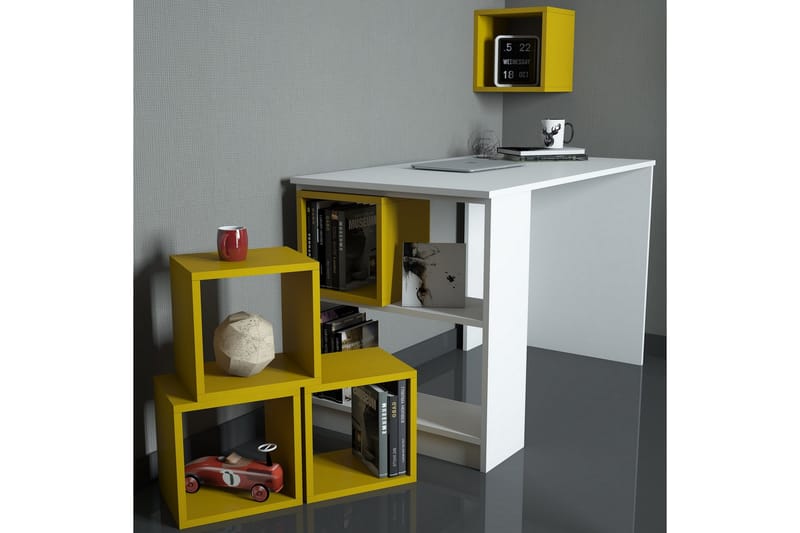 Skrivebord Amtorp 120 cm med Oppbevaring + Vegghylle + - Hvit/Gul - Skrivebord - Databord & PC bord