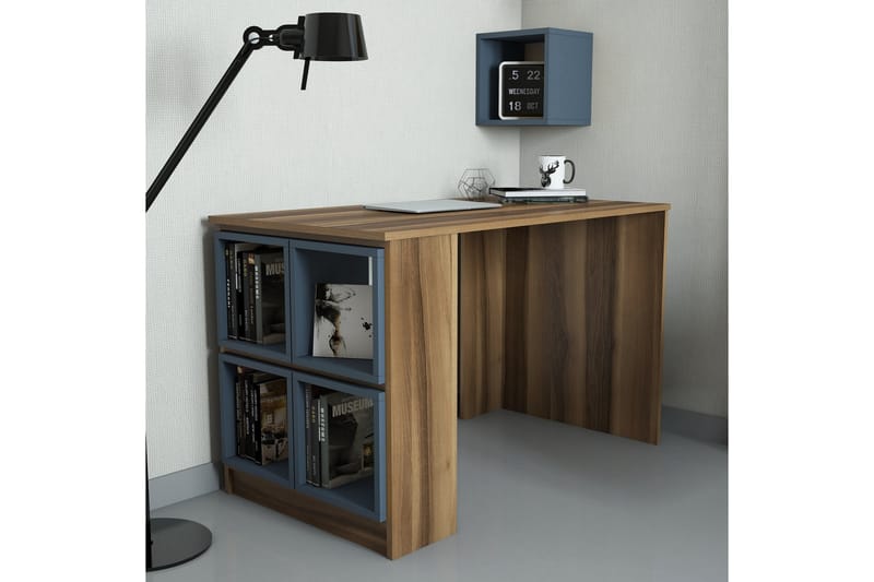Skrivebord Amtorp 120 cm med Oppbevaring Hylle + Vegghylle - Brun/Blå - Skrivebord - Databord & PC bord