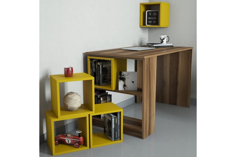 Skrivebord Amtorp 120 cm med Oppbevaring Hylle + Vegghylle - Brun/Gul - Skrivebord - Databord & PC bord