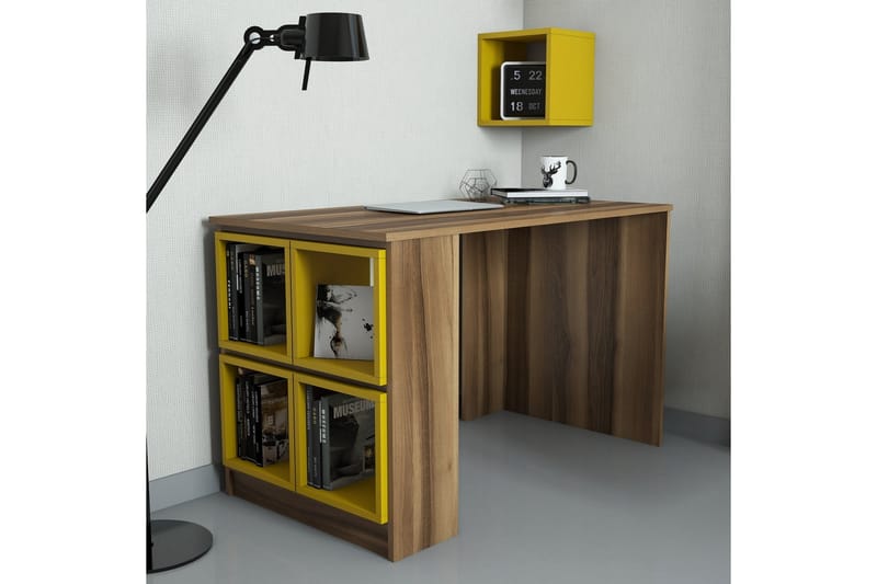 Skrivebord Amtorp 120 cm med Oppbevaring Hylle + Vegghylle - Brun/Gul - Skrivebord - Databord & PC bord
