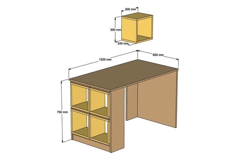 Skrivebord Amtorp 120 med Oppbevaringshylle + Vegghylle - Hvit/Gul - Skrivebord - Databord & PC bord