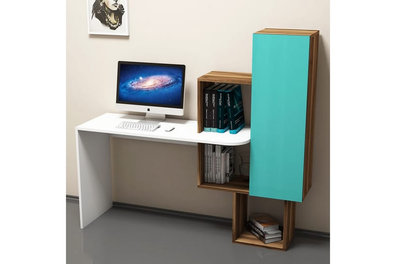 Skrivebord Amtorp 145 cm med Oppbevaring Hyller + Skap - Brun/Hvit/Turkos - Skrivebord - Databord & PC bord