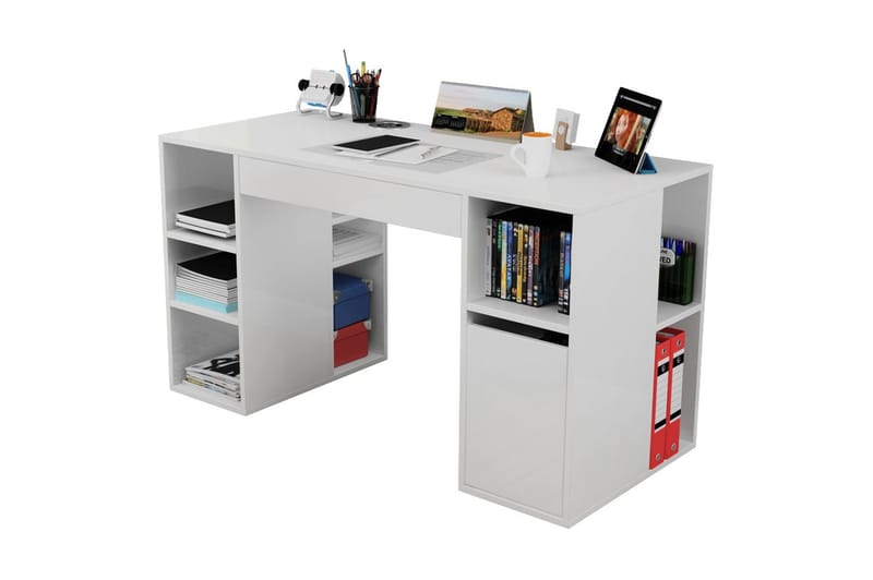 Skrivebord Anestad 145 cm med Oppbevaringshyller + Skuffer - Hvit - Skrivebord - Databord & PC bord