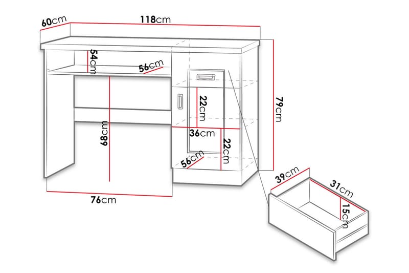 Skrivebord Borek 118 cm med Oppbevaring Skuffer+Hylle+Skap - Mørkebrun - Skrivebord - Databord & PC bord