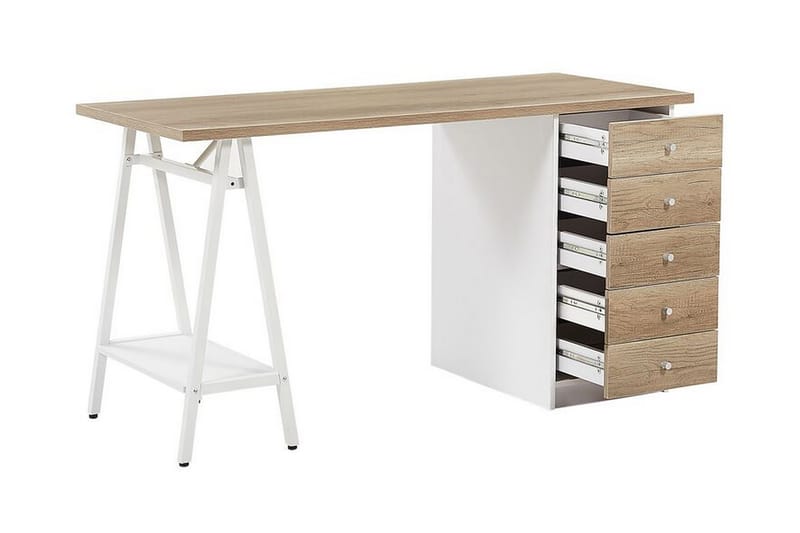 Skrivebord Escaliber 140 cm med Oppbevaring 5 Skuffer + Hyll - Lysebrun - Skrivebord - Databord & PC bord